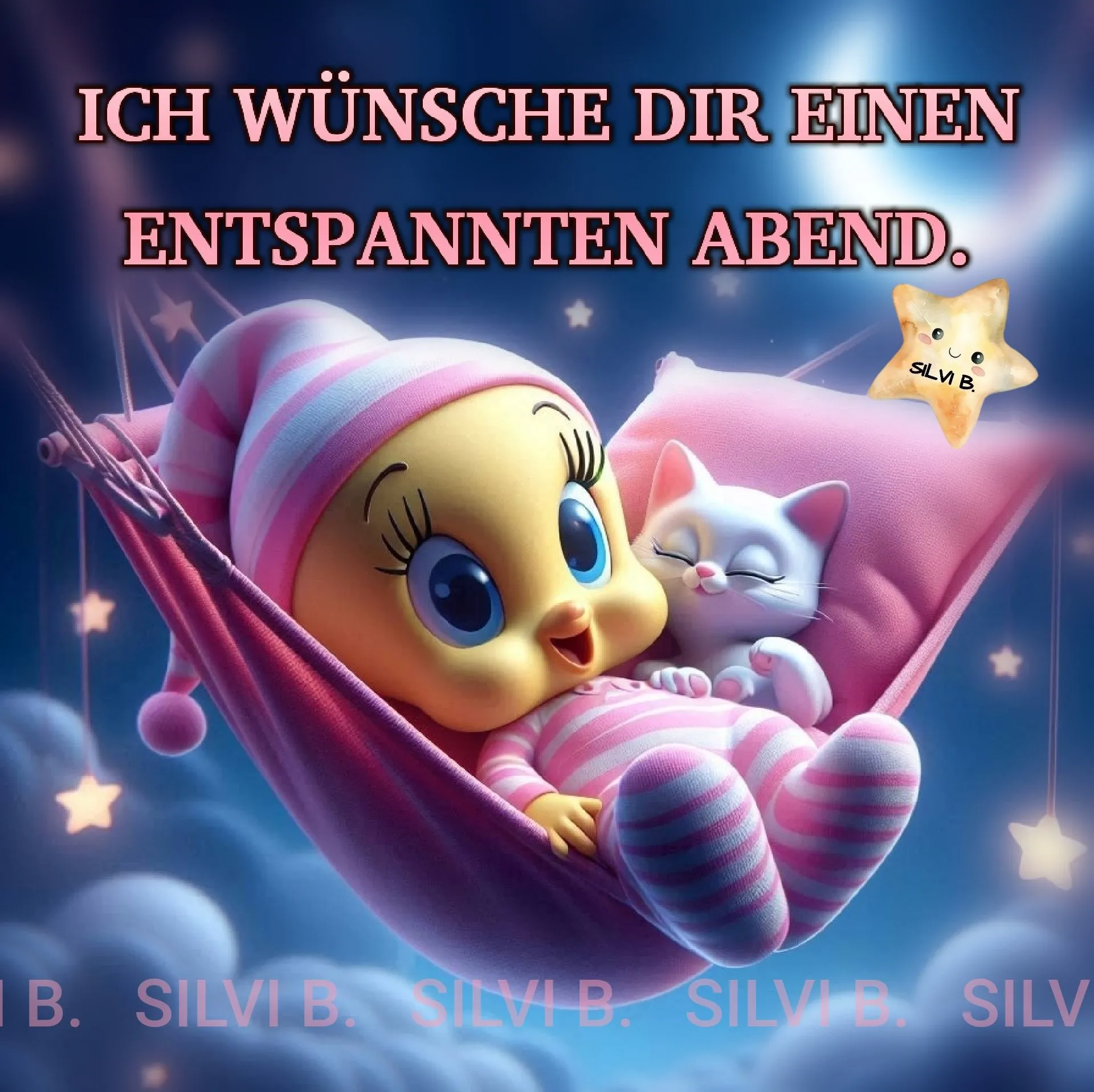 Ein niedliches Cartoon-Huhn in einem rosa Schaukelstuhl mit einem weißen Kätzchen, umgeben von Sternen und Wolken.